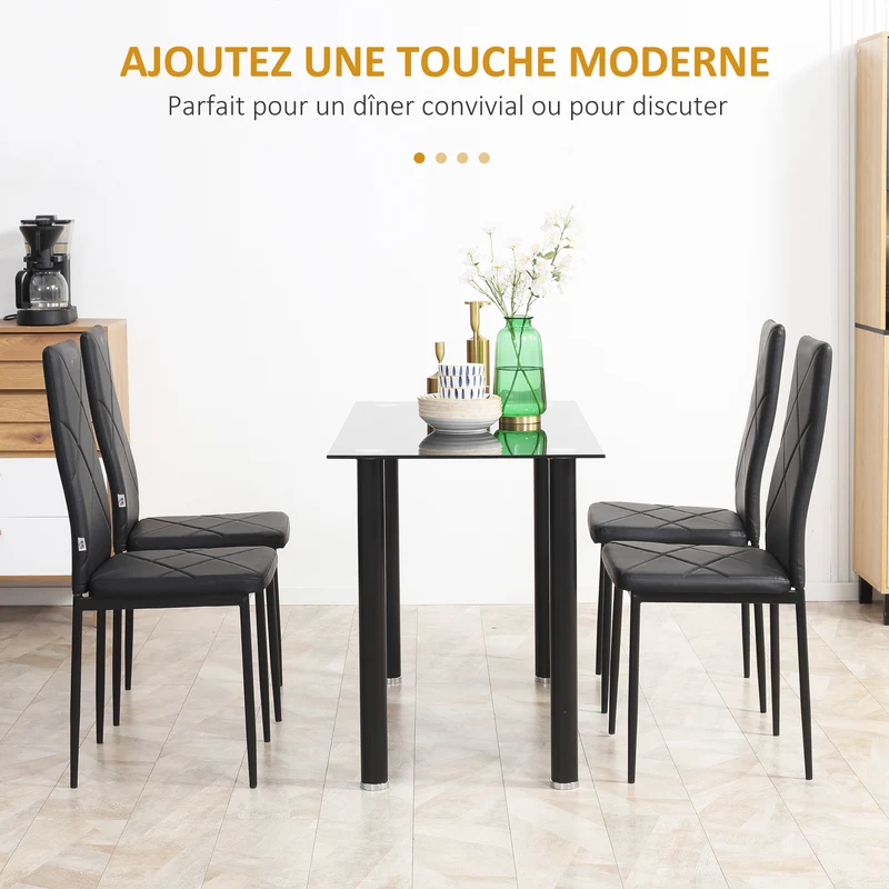 Lot de 4 chaises de salle à manger dossier haut 41 x 50 x 97 cm assise rembourrée capitonnée style moderne en PU noir 21_0002313