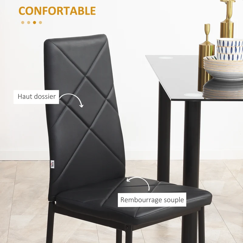 Lot de 4 chaises de salle à manger dossier haut 41 x 50 x 97 cm assise rembourrée capitonnée style moderne en PU noir 21_0002313