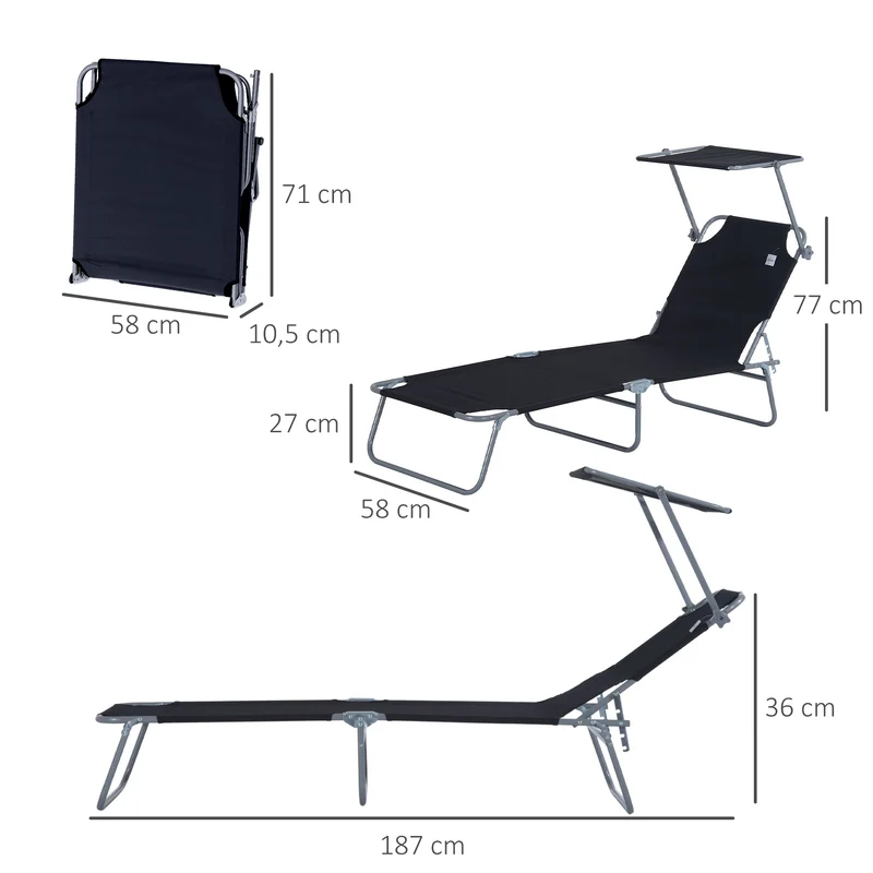 Lot de 2 transats pliable jardin 187 x 58 x 36 cm confort dossier inclinable pare-soleil réglable moderne en métal noir 21_0004714