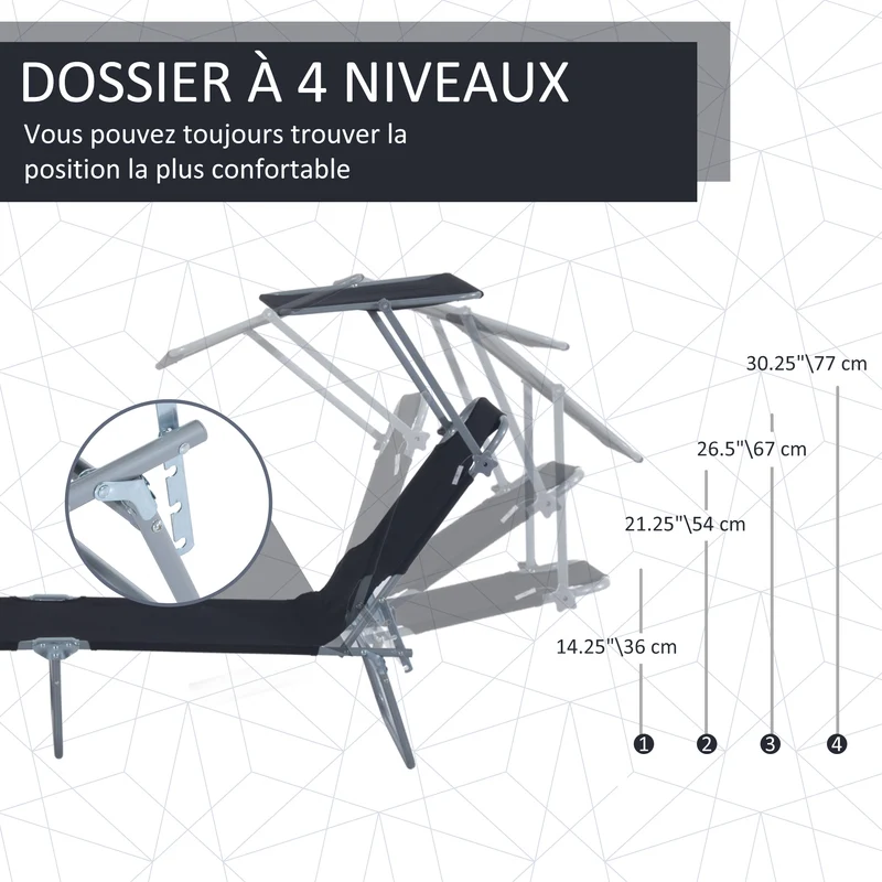 Lot de 2 transats pliable jardin 187 x 58 x 36 cm confort dossier inclinable pare-soleil réglable moderne en métal noir 21_0004714