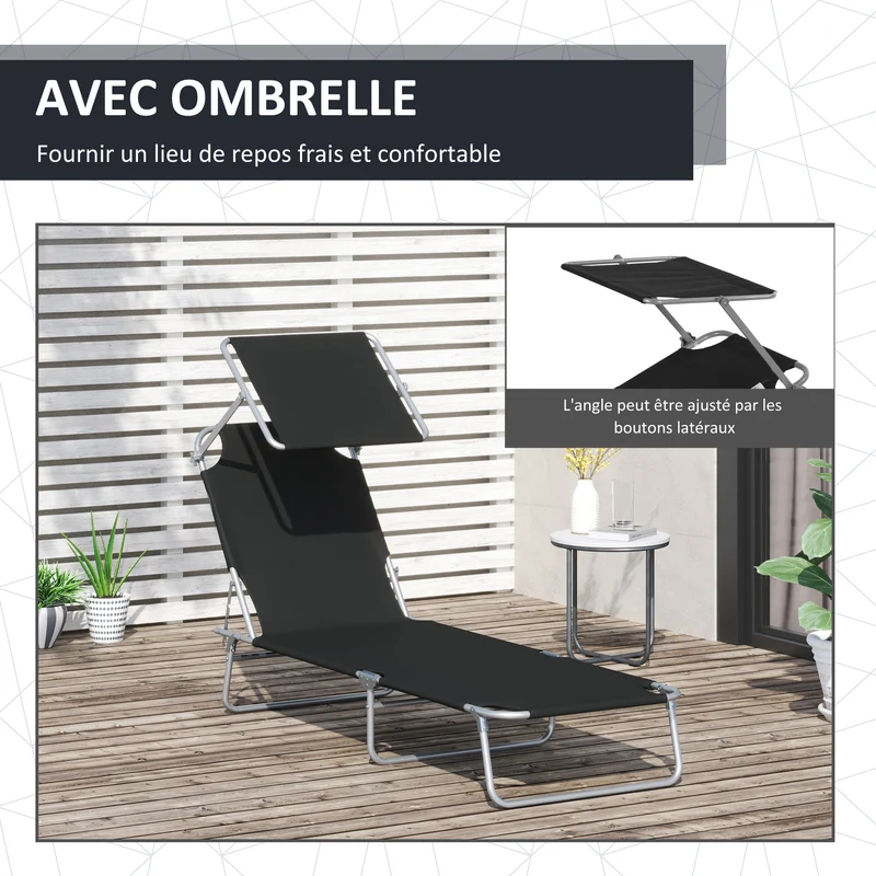 Lot de 2 transats pliable jardin 187 x 58 x 36 cm confort dossier inclinable pare-soleil réglable moderne en métal noir 21_0004714