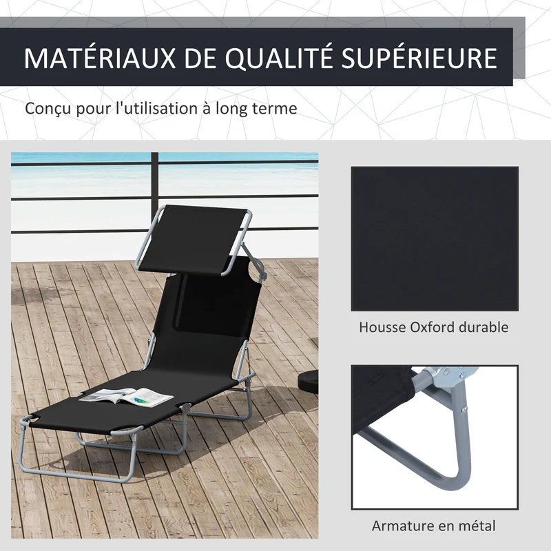Lot de 2 transats pliable jardin 187 x 58 x 36 cm confort dossier inclinable pare-soleil réglable moderne en métal noir 21_0004714
