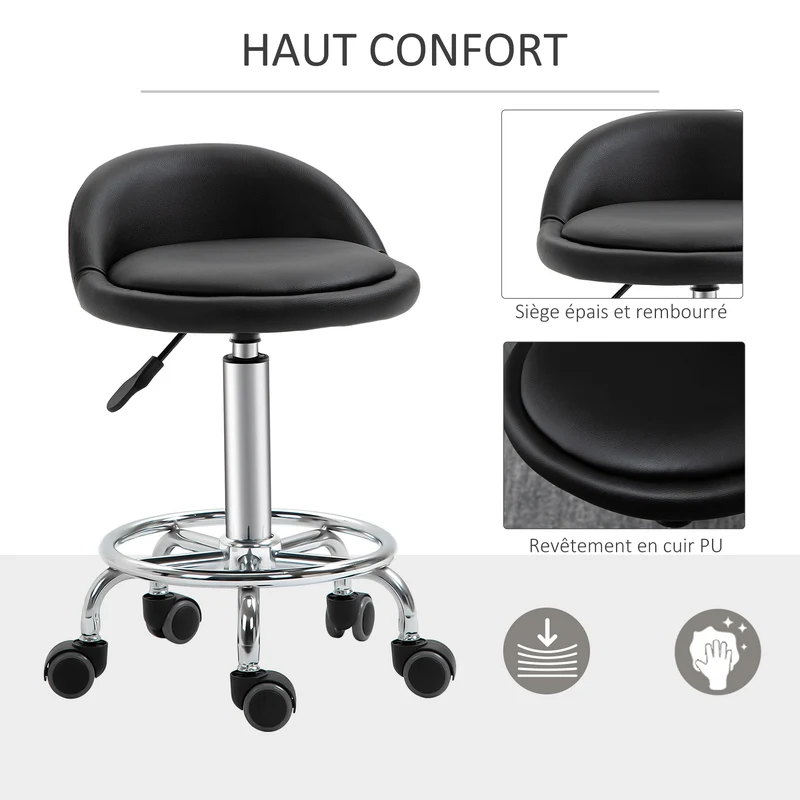 Lot de 2 tabourets pivotants à roulettes pro 38 x 38 x 72 cm assises ergonomiques réglables design contemporain en PU noir 21_0000777
