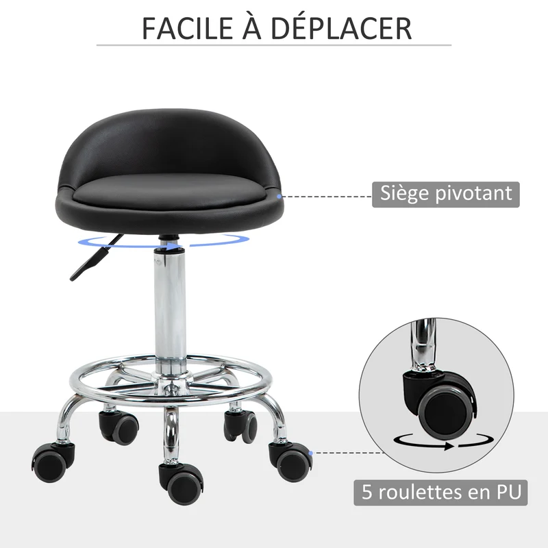Lot de 2 tabourets pivotants à roulettes pro 38 x 38 x 72 cm assises ergonomiques réglables design contemporain en PU noir 21_0000777
