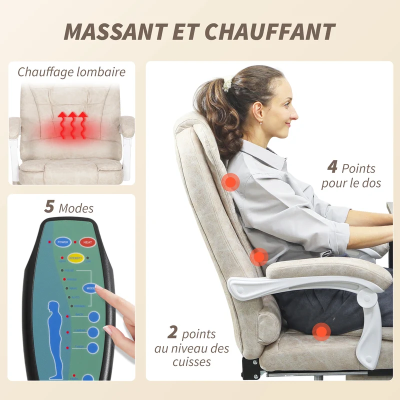 Fauteuil de bureau massant 65 x 70 x 111-119 cm massage chauffant lombaire réglable contemporain en microfibre crème 21_0006188