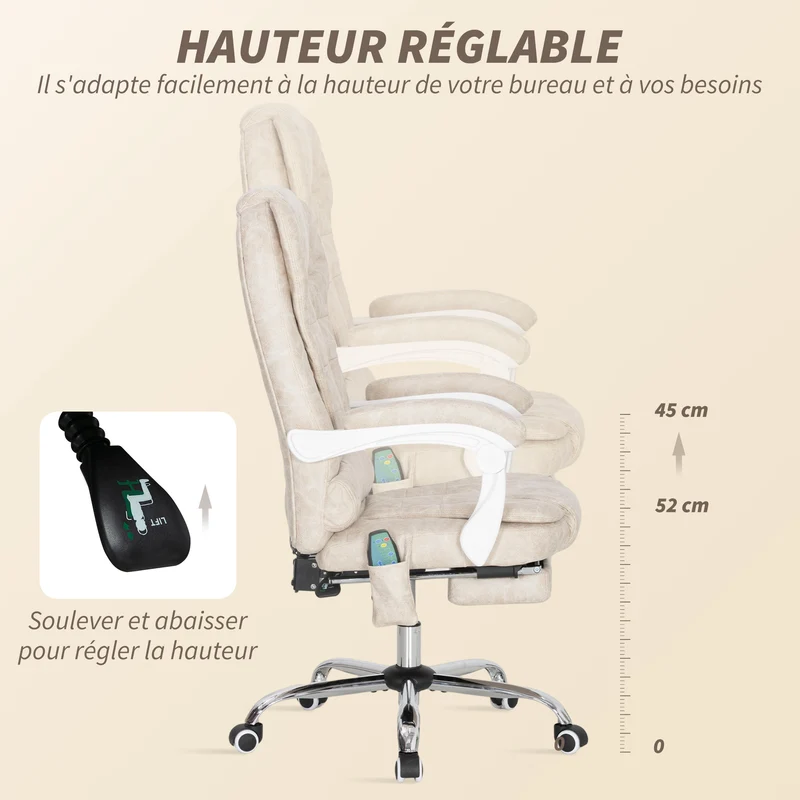 Fauteuil de bureau massant 65 x 70 x 111-119 cm massage chauffant lombaire réglable contemporain en microfibre crème 21_0006188