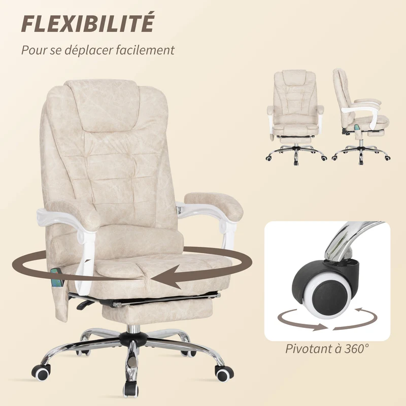 Fauteuil de bureau massant 65 x 70 x 111-119 cm massage chauffant lombaire réglable contemporain en microfibre crème 21_0006188