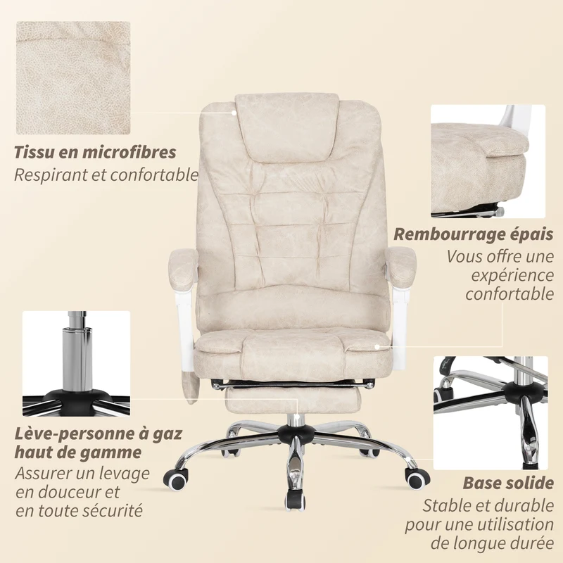 Fauteuil de bureau massant 65 x 70 x 111-119 cm massage chauffant lombaire réglable contemporain en microfibre crème 21_0006188
