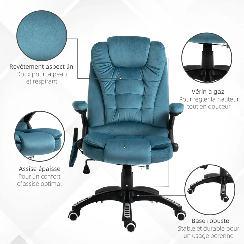 Fauteuil de bureau ergonomique 68 x 72 x 110 cm massant chauffant moderne contemporain ambiance cosy en polyester bleu 21_0006153