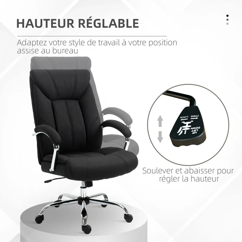 Fauteuil de bureau ergonomique 65 x 78 x 118 cm assise rembourrée hauteur réglable et bascule design moderne en lin noir 21_0006208