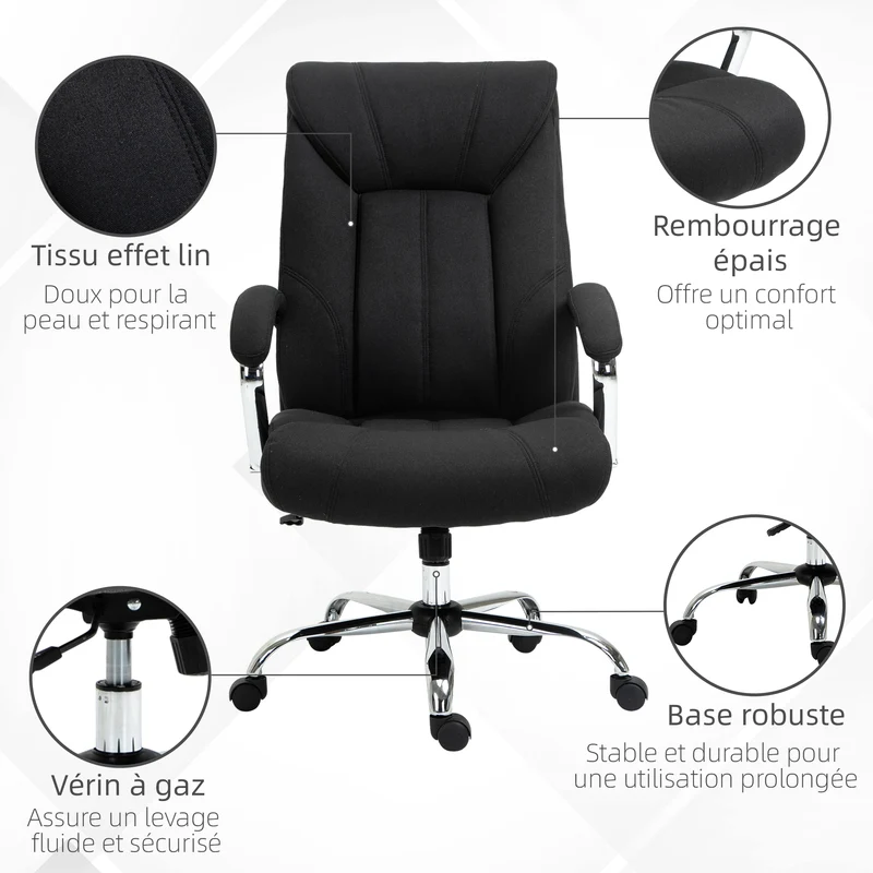Fauteuil de bureau ergonomique 65 x 78 x 118 cm assise rembourrée hauteur réglable et bascule design moderne en lin noir 21_0006208