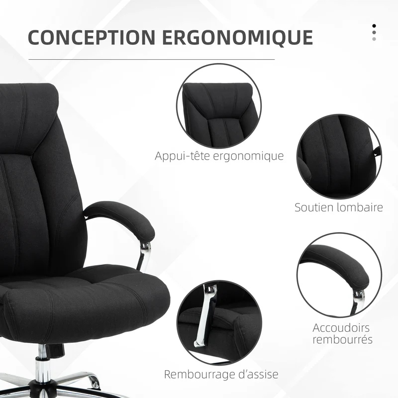 Fauteuil de bureau ergonomique 65 x 78 x 118 cm assise rembourrée hauteur réglable et bascule design moderne en lin noir 21_0006208