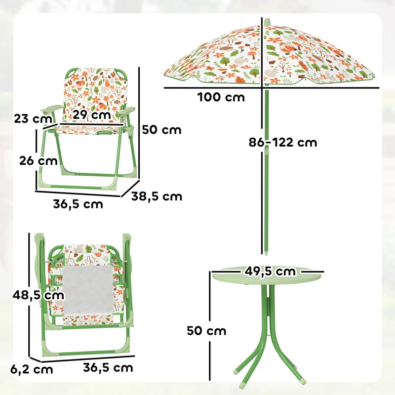 Ensemble salon de jardin enfants 4 pièces 50 x 50 x 122 cm chaises pliantes ombre décoratif en plastique vert clair 21_0000742