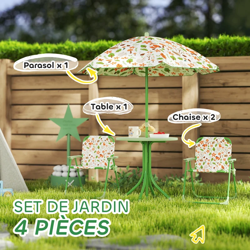Ensemble salon de jardin enfants 4 pièces 50 x 50 x 122 cm chaises pliantes ombre décoratif en plastique vert clair 21_0000742