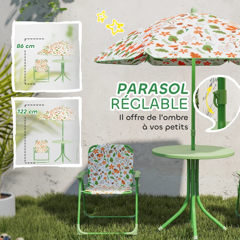 Ensemble salon de jardin enfants 4 pièces 50 x 50 x 122 cm chaises pliantes ombre décoratif en plastique vert clair 21_0000742