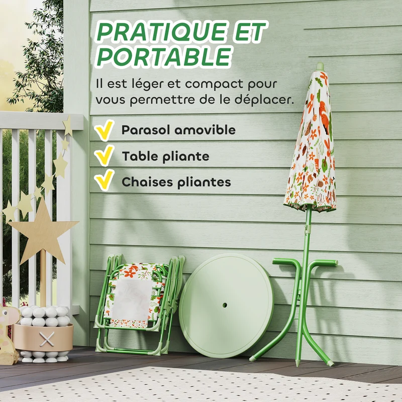 Ensemble salon de jardin enfants 4 pièces 50 x 50 x 122 cm chaises pliantes ombre décoratif en plastique vert clair 21_0000742