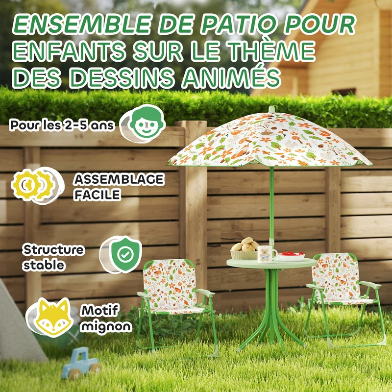Ensemble salon de jardin enfants 4 pièces 50 x 50 x 122 cm chaises pliantes ombre décoratif en plastique vert clair 21_0000742