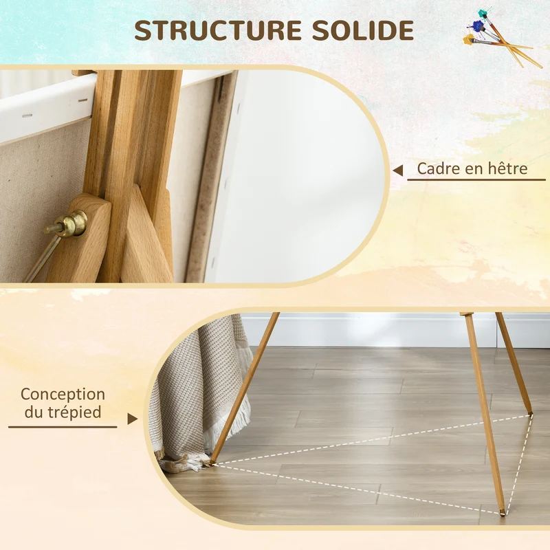 Chevalet d'artiste pliable 93 x 84 x 183 cm hauteur réglable support toiles jusqu'à 107 cm scandinave en bois naturel 21_0006110