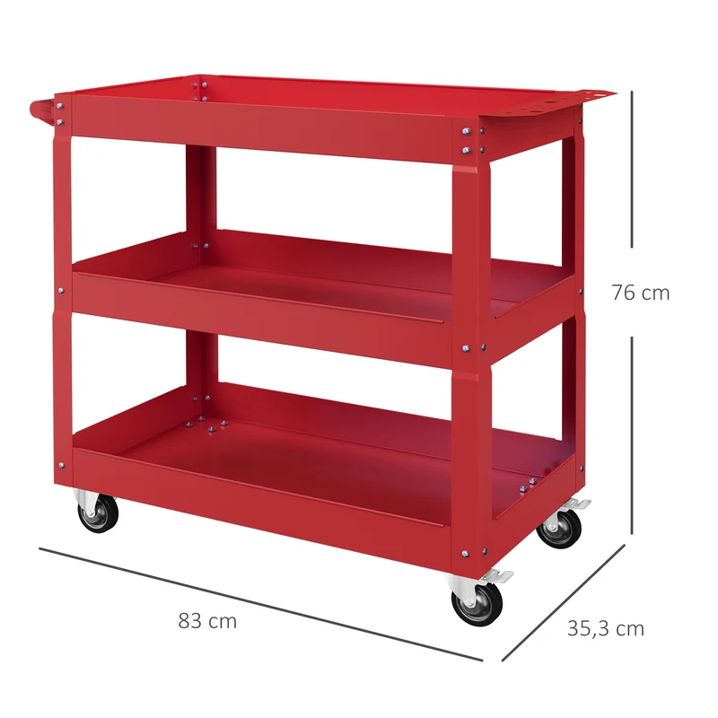 Chariot desserte d'atelier 83 x 35 x 76 cm 3 plateaux grande capacité 150 kg industriel contemporain en acier rouge 21_0006983