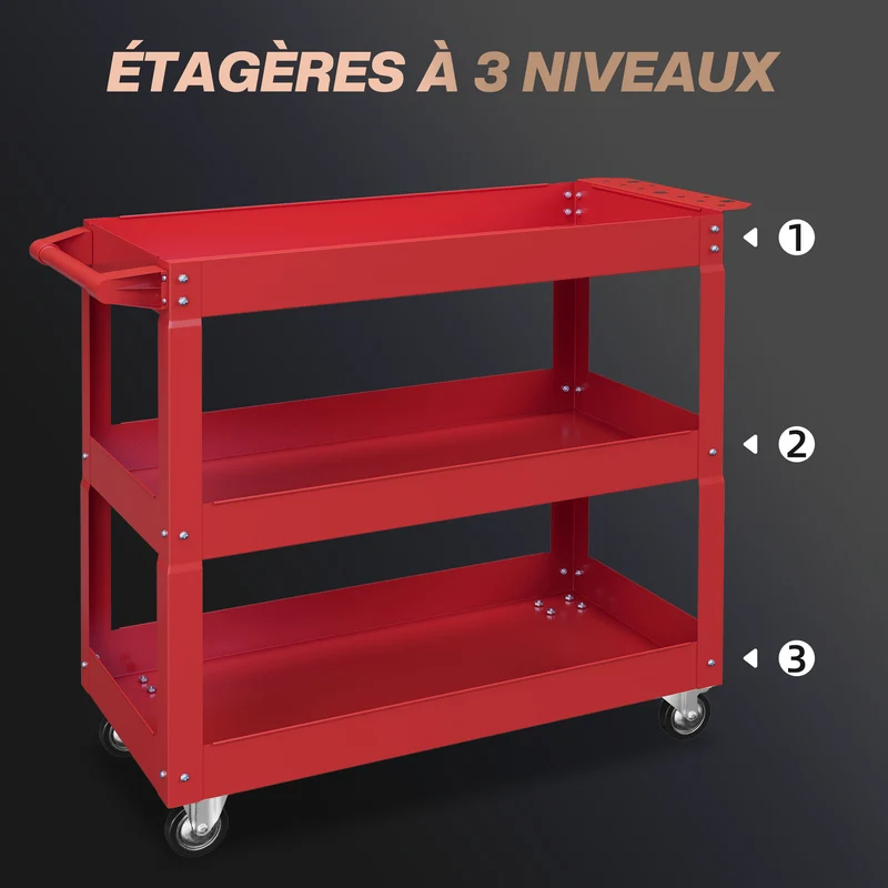 Chariot desserte d'atelier 83 x 35 x 76 cm 3 plateaux grande capacité 150 kg industriel contemporain en acier rouge 21_0006983