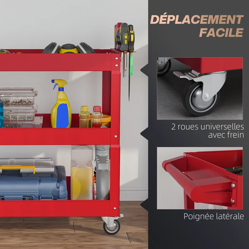 Chariot desserte d'atelier 83 x 35 x 76 cm 3 plateaux grande capacité 150 kg industriel contemporain en acier rouge 21_0006983