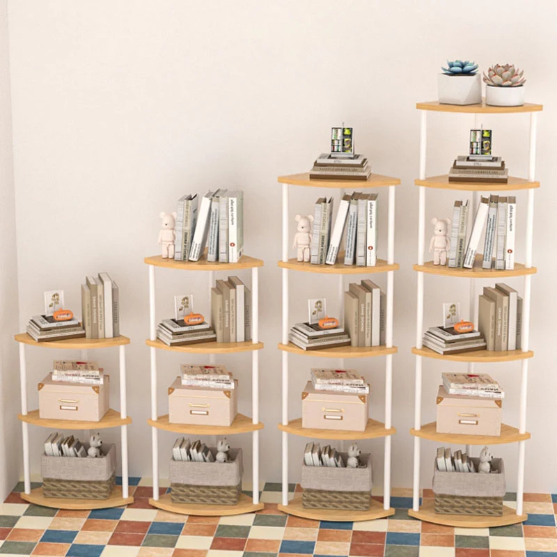Modern Minimalist Circular Sector Medium-Density Fiberboard Stainless Steel Corner Shelf Unit 3/4/5/6-Tier For Living Room