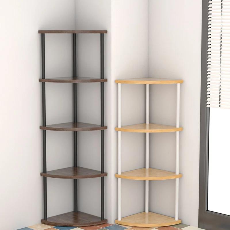 Modern Minimalist Circular Sector Medium-Density Fiberboard Stainless Steel Corner Shelf Unit 3/4/5/6-Tier For Living Room