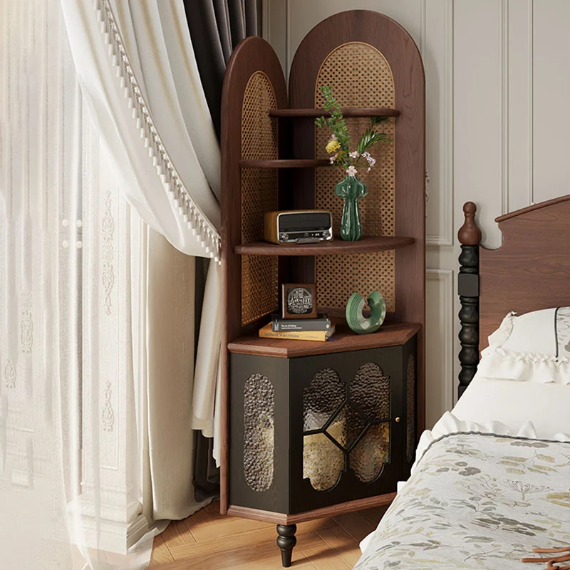 Traditional French Rectangular Ash Wood Glass Corner Cabinet 4-Tier 1-Cabinet For Living Room & Bedroom