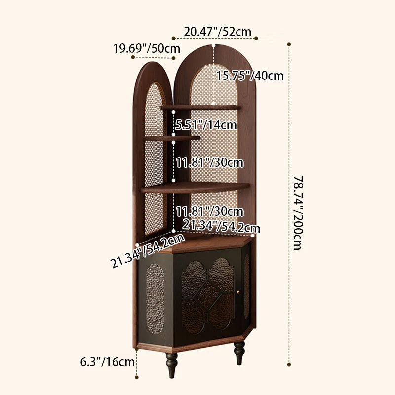 Traditional French Rectangular Ash Wood Glass Corner Cabinet 4-Tier 1-Cabinet For Living Room & Bedroom