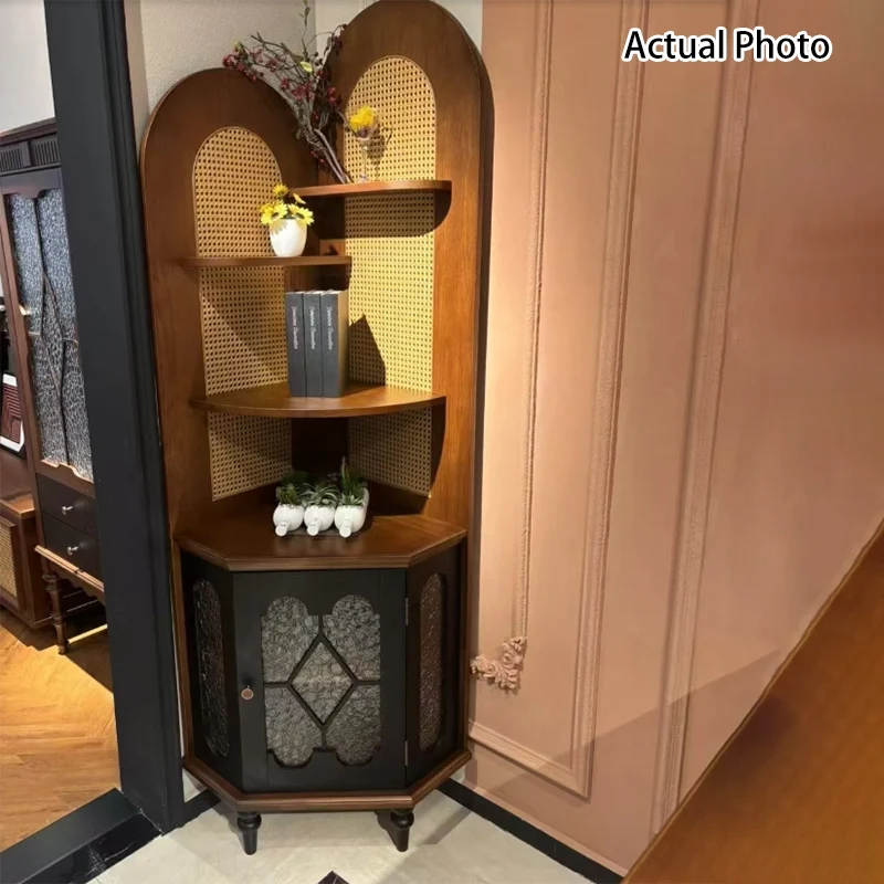 Traditional French Rectangular Ash Wood Glass Corner Cabinet 4-Tier 1-Cabinet For Living Room & Bedroom