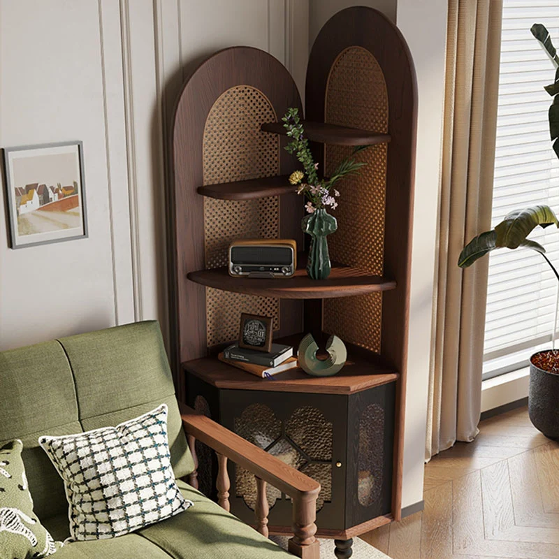 Traditional French Rectangular Ash Wood Glass Corner Cabinet 4-Tier 1-Cabinet For Living Room & Bedroom