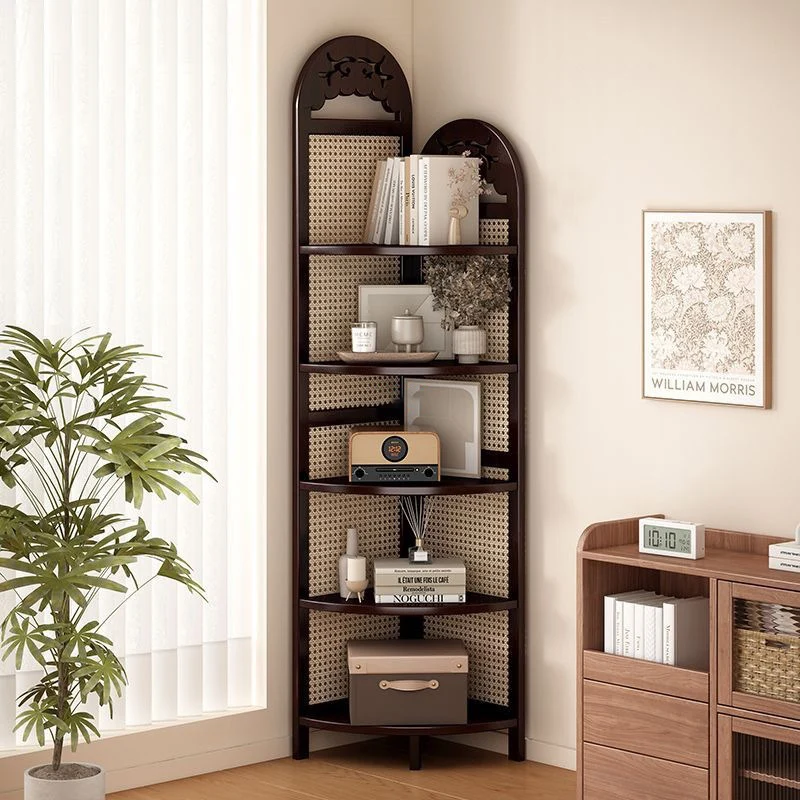 Traditional Chinese Rectangular Natural Nan Bamboo Rattan Corner Shelf Unit 5-Tier For Living Room