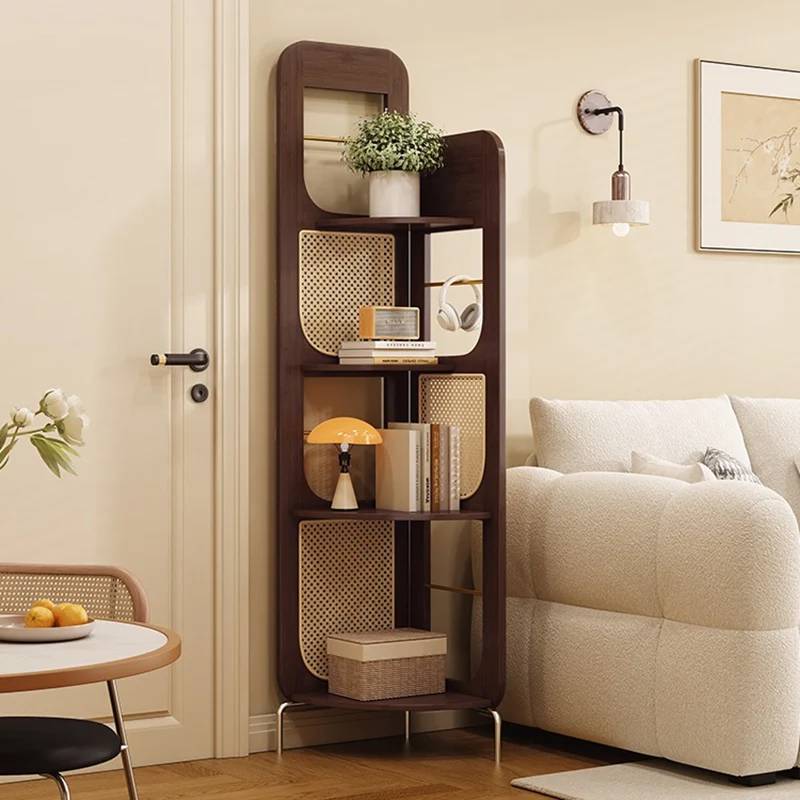 Traditional French Rectangular Natural Nan Bamboo PE Rattan Corner Shelf Unit 4-Tier For Living Room