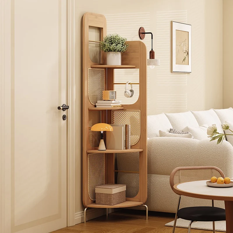 Traditional French Rectangular Natural Nan Bamboo PE Rattan Corner Shelf Unit 4-Tier For Living Room