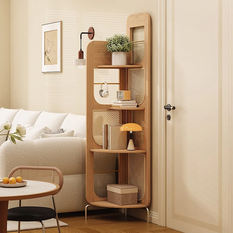 Traditional French Rectangular Natural Nan Bamboo PE Rattan Corner Shelf Unit 4-Tier For Living Room