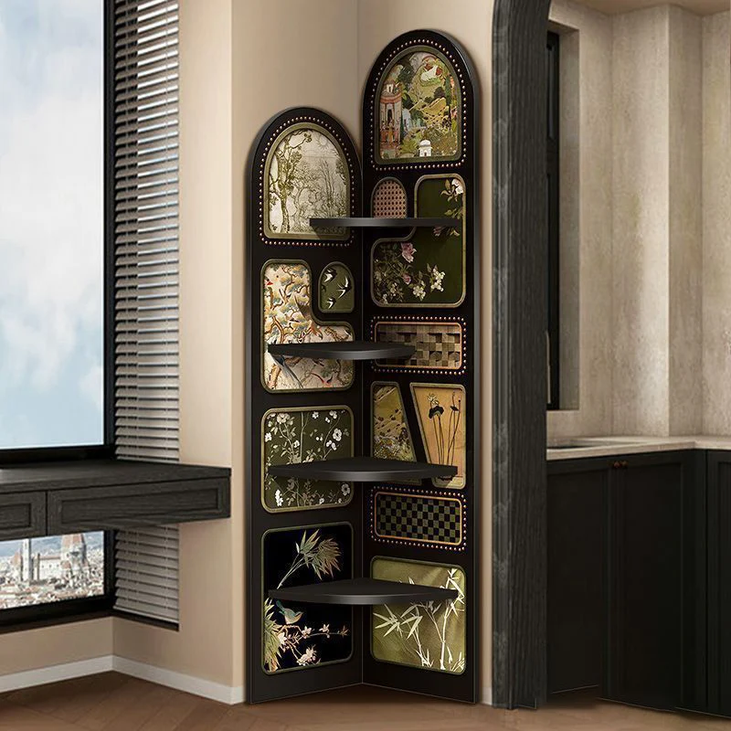 Traditional French Rectangular Medium-Density Fiberboard Crystal Porcelain Painting Corner Shelf Unit 4-Tier For Living Room