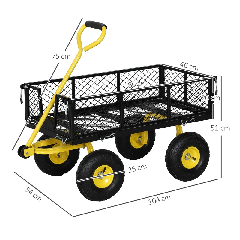 Chariot de jardin 4 roues 104 x 54 x 51 cm pneus 25 cm tout terrain panneaux latéraux amovibles design en acier noir 21_0005548