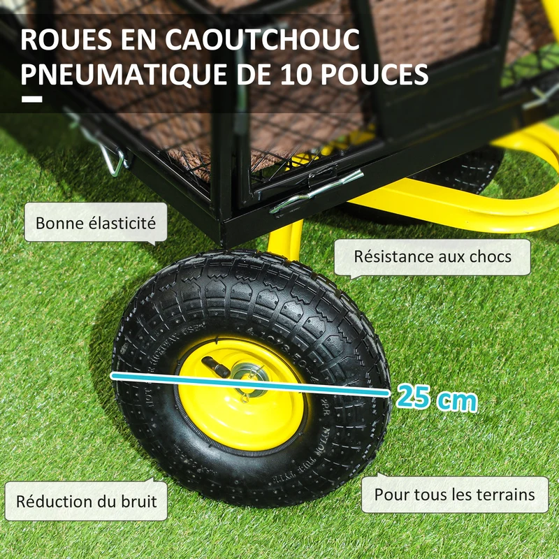 Chariot de jardin 4 roues 104 x 54 x 51 cm pneus 25 cm tout terrain panneaux latéraux amovibles design en acier noir 21_0005548