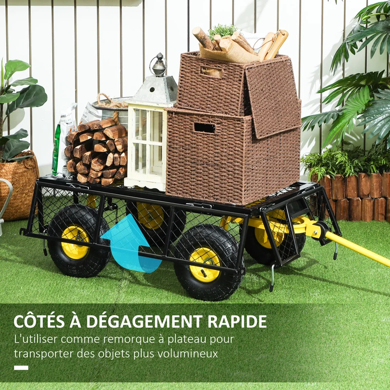 Chariot de jardin 4 roues 104 x 54 x 51 cm pneus 25 cm tout terrain panneaux latéraux amovibles design en acier noir 21_0005548