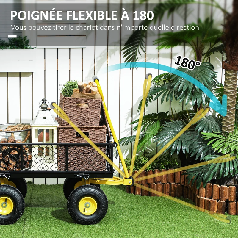 Chariot de jardin 4 roues 104 x 54 x 51 cm pneus 25 cm tout terrain panneaux latéraux amovibles design en acier noir 21_0005548