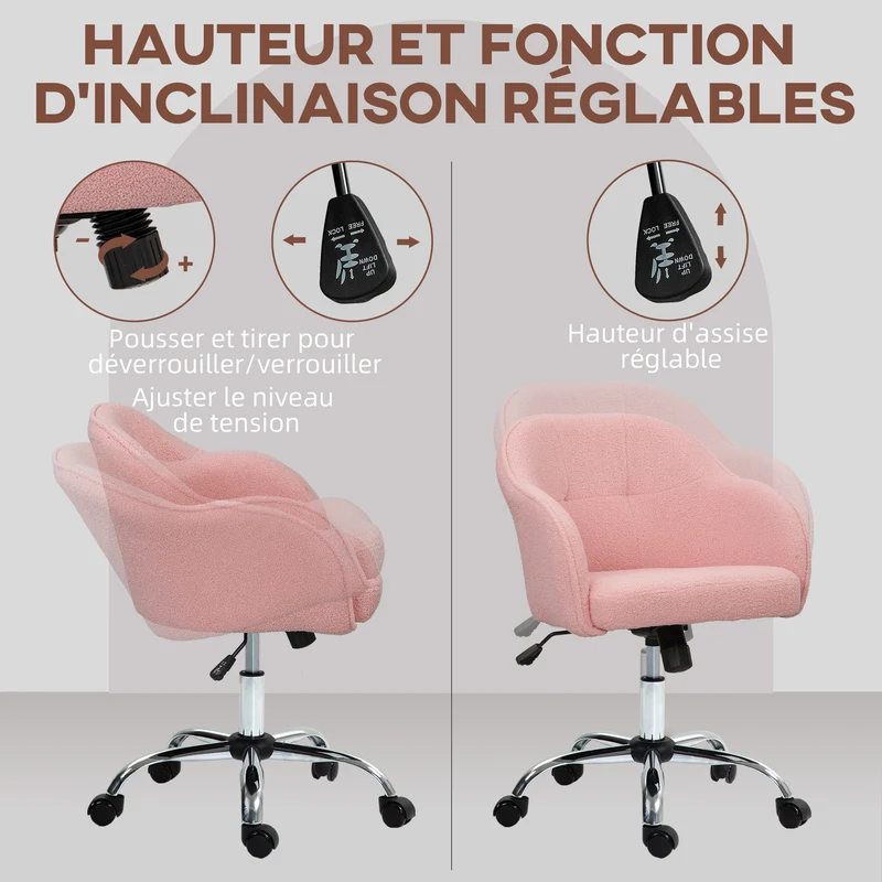 Chaise de bureau 56 x 61 x 76-86 cm assise rembourrée ultra douce hauteur réglable scandinave tendance en polyester rose 21_0006265