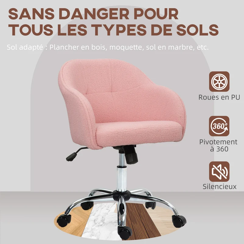 Chaise de bureau 56 x 61 x 76-86 cm assise rembourrée ultra douce hauteur réglable scandinave tendance en polyester rose 21_0006265