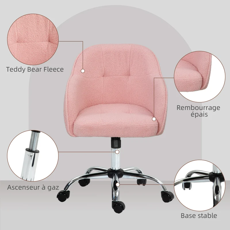 Chaise de bureau 56 x 61 x 76-86 cm assise rembourrée ultra douce hauteur réglable scandinave tendance en polyester rose 21_0006265