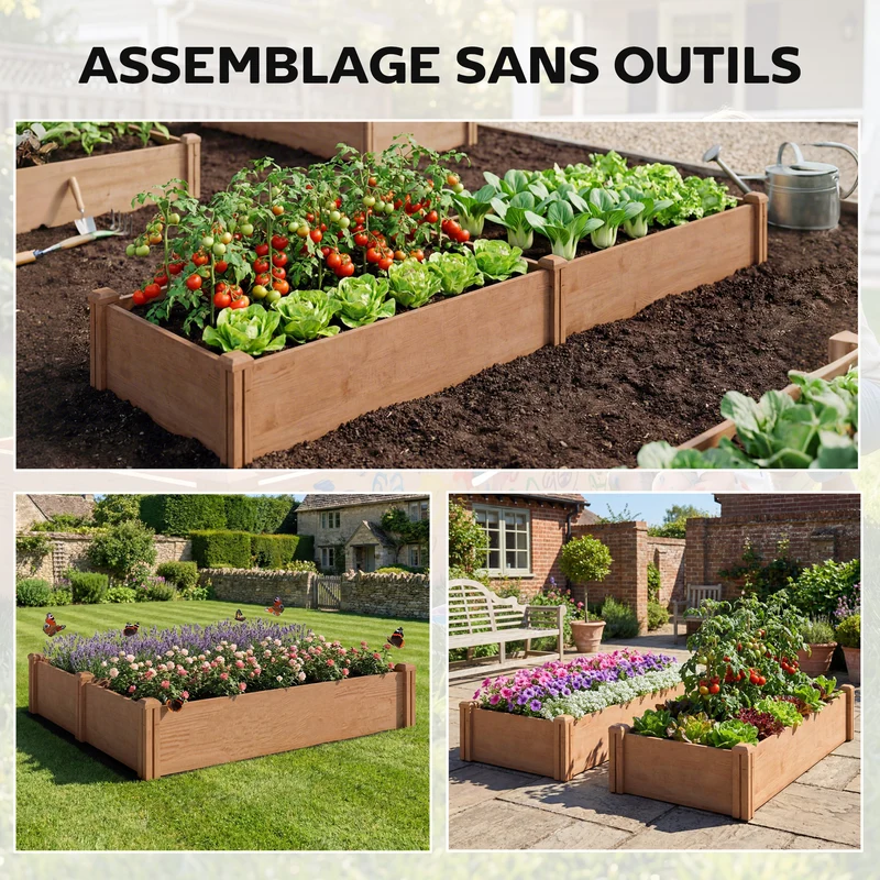 Carré potager surélevé jardin 234 x 109 x 25 cm montage sans outil drainage optimisé style rustique en bois marron clair 21_0005602