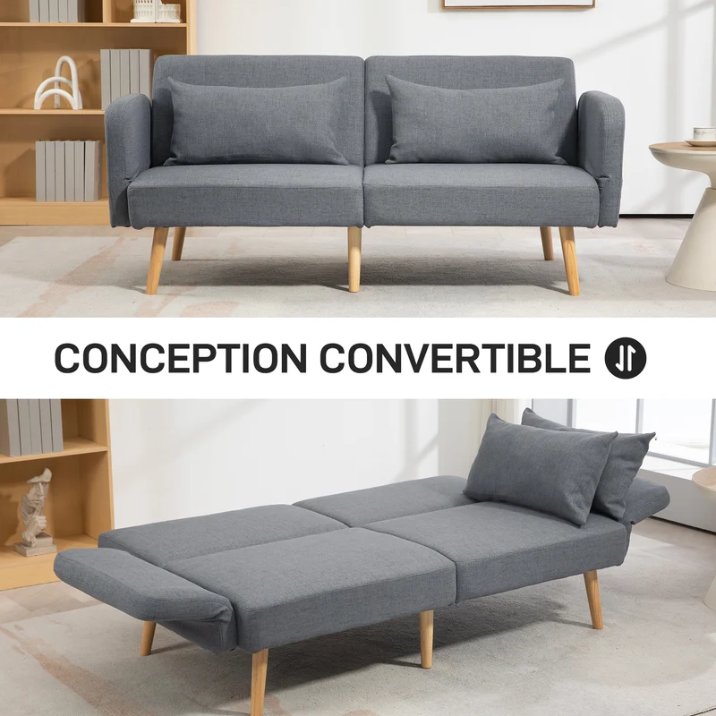 Canapé convertible 3 places 170 x 83 x 80 cm dossier inclinable accoudoirs réglables contemporain en polyester gris 21_0003181