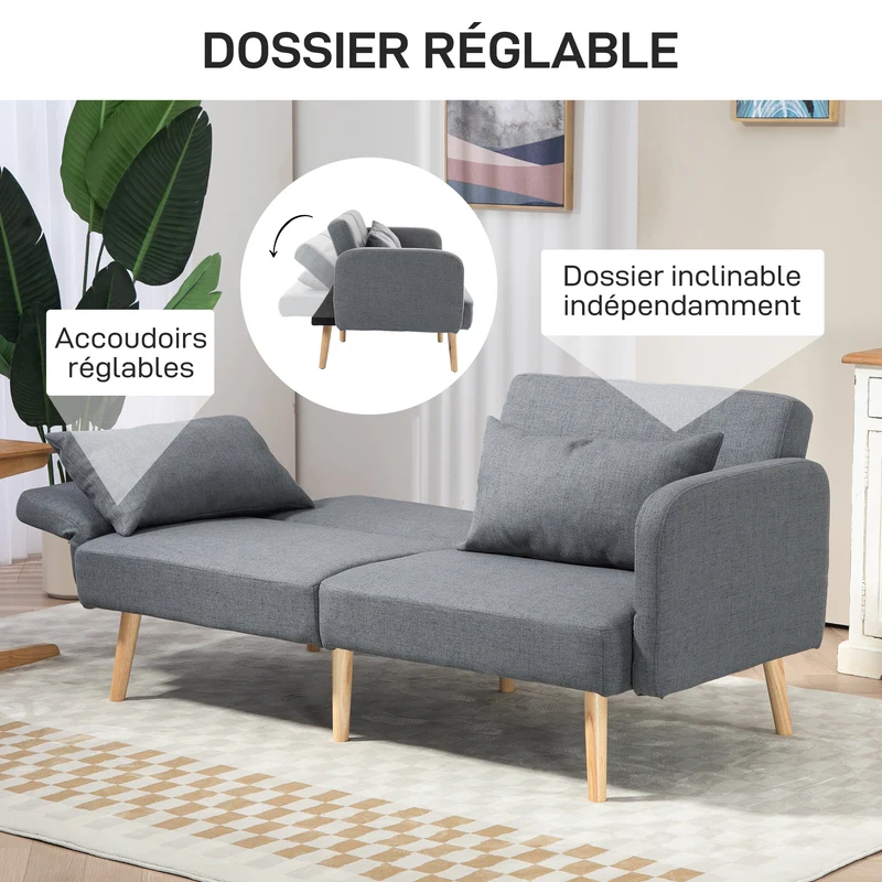 Canapé convertible 3 places 170 x 83 x 80 cm dossier inclinable accoudoirs réglables contemporain en polyester gris 21_0003181
