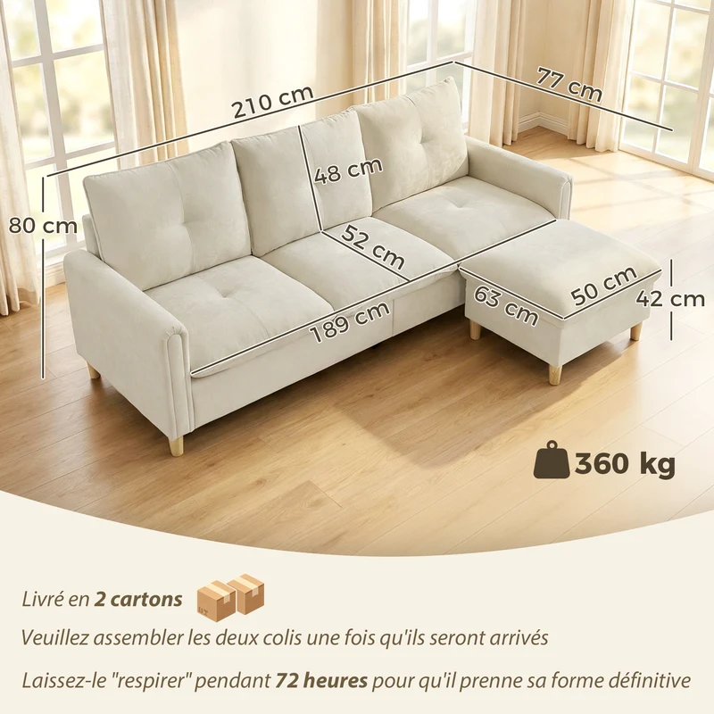 Canapé 3 places d'angle modulable salon 210 x 77 x 80 cm pouf de rangement assise large contemporain en tissu crème 21_0003649