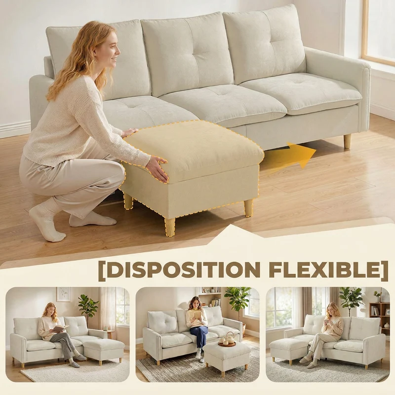 Canapé 3 places d'angle modulable salon 210 x 77 x 80 cm pouf de rangement assise large contemporain en tissu crème 21_0003649