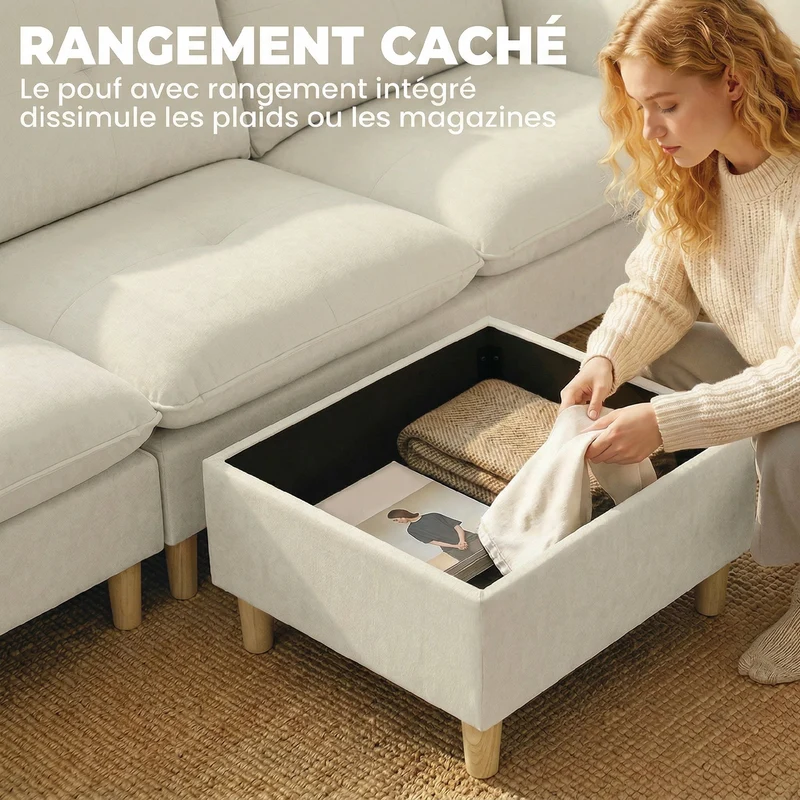 Canapé 3 places d'angle modulable salon 210 x 77 x 80 cm pouf de rangement assise large contemporain en tissu crème 21_0003649