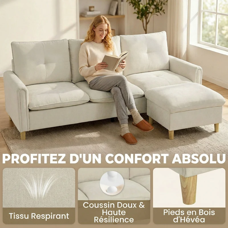 Canapé 3 places d'angle modulable salon 210 x 77 x 80 cm pouf de rangement assise large contemporain en tissu crème 21_0003649